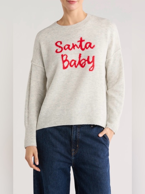 CeCe Sweaters - CeCe “Santa Baby” Script Crewneck Long Sleeve Sweater Gray Size L